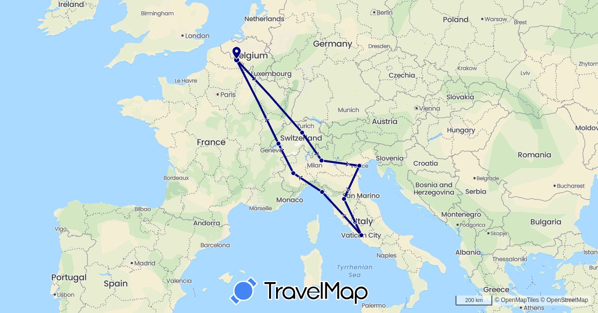 TravelMap itinerary: driving in Belgium, Switzerland, Italy (Europe)
